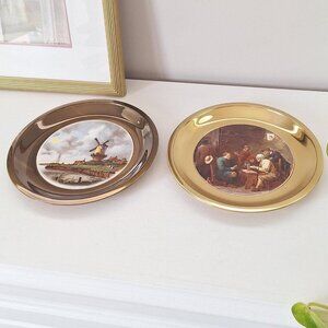 2 Vintage brass tile plates round windmill